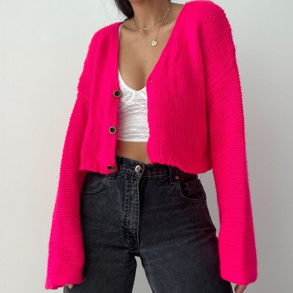 NWT Forever 21 pink cropped v neck button down cardigan sweater - Picture 5 of 10